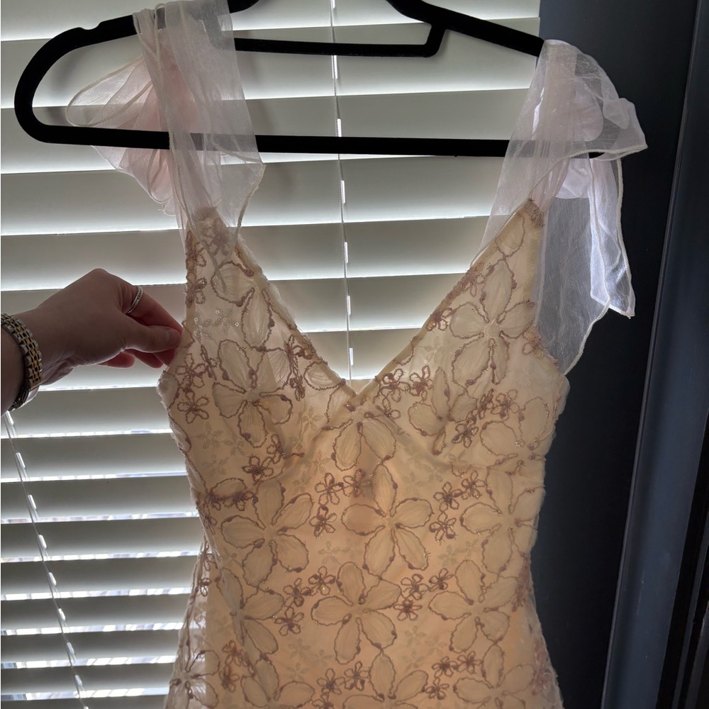 Lucy in the Sky Cream Floral Lace Dress with Sheer Ribbon Straps